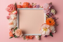 Generative AI Image Of Fresh Blooming Flowers Of Various Colors And Green Leaves Placed Around Empty White Photo Frame Against Pink Background