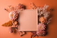 Generative AI Image Of Bouquet Of Blooming Flowers Of Various Colors Placed Around Empty Orange Photo Frame Against Orange Background