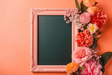 Generative AI Image Of Bouquet Of Fresh Flowers Of Various Colors And Green Leaves Placed Next To Empty Pink Photo Frame