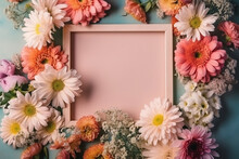Generative AI Image Of Blooming Flowers Of Various Colors Placed On And Around Empty Pink Photo Frame Against Light Blue Background