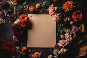 Generative AI image of bouquet of blooming flowers of various colors and green leaves placed around empty paper against black background