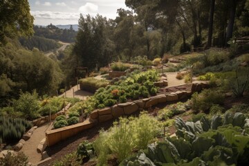 Wall Mural - edible garden surrounded by natural landscape on mountainside, created with generative ai