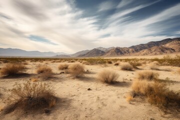 Sticker - desert landscape with view of a distant mountain range, providing contrast and scale, created with generative ai