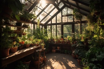 Poster - a greenhouse with sunbeams streaming through the glass, illuminating the plants and flowers within, created with generative ai