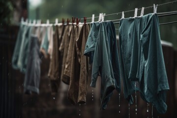 Sticker - rainy day with clothes on the line, droplets of water dripping from them, created with generative ai