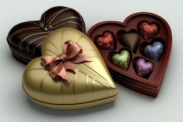 Canvas Print - heart-shaped box of assorted chocolates or truffles with a ribbon and bow, created with generative ai