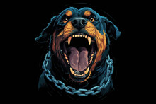 Rottweiler With Sharp Teeth And Open Mouth, Thick Chain Around The Neck. Generative AI