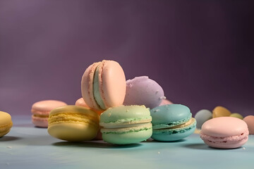 Wall Mural - Colorful macaroons on a violet background, Generative AI