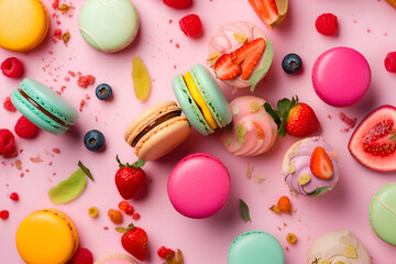 Wall Mural - Colorful macaroons with berries and candies on a pink background, Generative AI