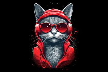 A cat in a gangsta mask stands and listens to music in dark glasses. Generative AI