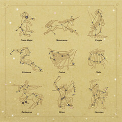 vector constellation collection linocut style canismajor monoceros puppis eridanus carina vela centa