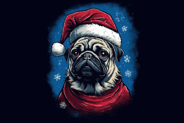 Sticker - Cute pug dog in santa claus costume. in graphic illustration style. Generative AI