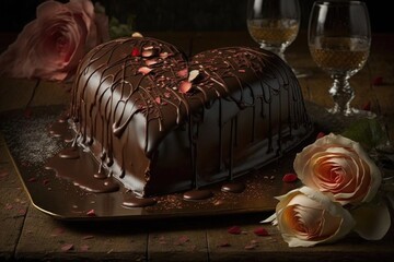 Poster - heart-shaped chocolate cake with a drizzle of white or dark chocolate and fresh rose petals, created with generative ai