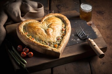 Canvas Print - heart-shaped chicken pot pie being served on a rustic wooden plate, created with generative ai