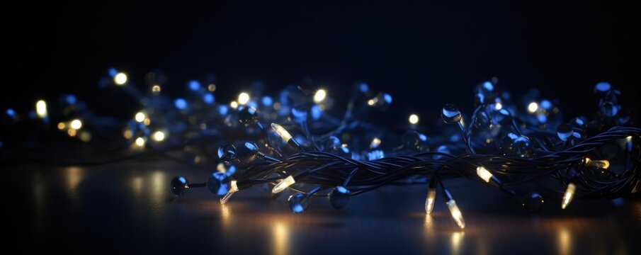 Blue holiday string lights on a wooden table on black background, Generative AI