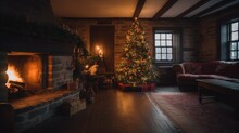 A Room Is Decorated For The Holidays With A Fireplace And The Christmas Tree, Generative AI