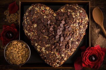 Canvas Print - brownie heart overflowing with chocolate chips and nuts, created with generative ai