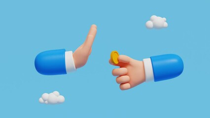 3D hand offers money, other hand shows a gesture of refusal. Stop corruption, anti bribery concept. Businessman hand giving golden coin as bribe. 4K 3D loop animation