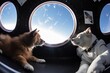 feline and canine astronauts floating in zero-gravity environment, with view of earth visible through the window, created with generative ai