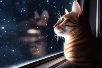 Wall Mural - feline looking out window of spaceship, with view of the stars and planets in the background, create