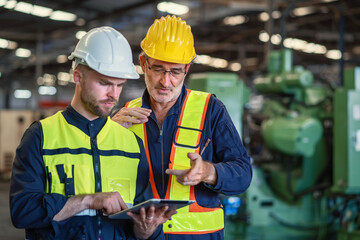 worker and engineer using tablet computer for inspection and checking production process on factory station