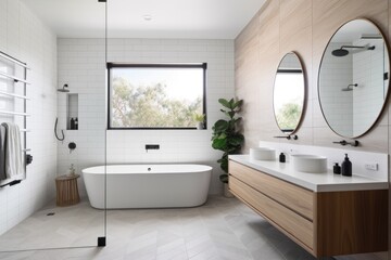 Poster - a sleek, minimalist bathroom with modern fixtures and light tile, created with generative ai