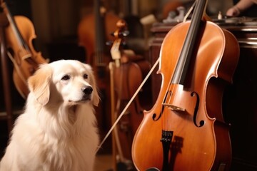 Canvas Print - dog playing violin, and cat playing the cello in a symphony orchestra, created with generative ai