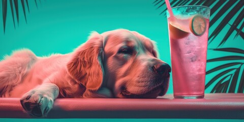 Wall Mural - dog is holding a pink drink with sunglasses, in the style of highly detailed