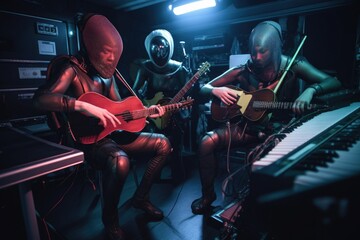 Wall Mural - alien musician playing a futuristic guitar, with others performing on electronic instruments, create