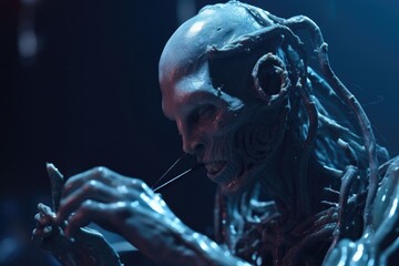 Wall Mural - close-up of alien musician performing intricate, futuristic song, created with generative ai