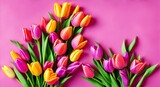 Fototapeta Tulipany - Beautiful bouquet of colorful tulip flowers on white background, top view. Space for text, generative ai