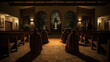 Interior of a catholic church. Monk prayers. Generative AI.