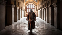 Rear View Of A Monk Walking Through A Corridor In A Church. Generative AI.