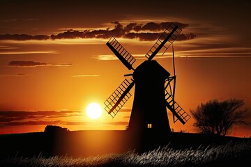 Wall Mural - sun setting behind the silhouette of a windmill in the countryside, created with generative ai