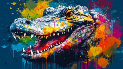 Wall Mural - Crocodile face illustration vector in abstract mixed grunge colors digital painting in minimal graphic art style. Scary wild animal in pop art image. Digital illustration generative AI.