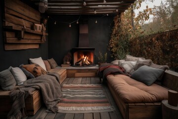 Sticker - outdoor fireplace surrounded by cozy pillows and blankets for a relaxing getaway, created with generative ai