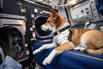 Wall Mural - feline and canine astronauts working together to repair broken spacecraft, created with generative a