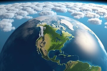 Wall Mural - the earth from space in the form of a globe with clouds, green land and blue oceans, created with ge