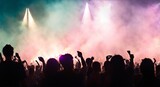 Silhouetted crowd watching illuminated stage at music festival, generative ai