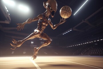 Wall Mural - close-up of alien athlete jumping for the ball in futuristic sports arena, created with generative a