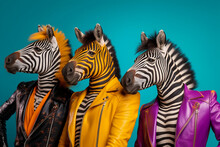 Stylish Animal Rock Band, Fashionable Portrait Of Anthropomorphic Superstar Zebras With Sunglasses And Vibrant Suits, Group Photo, Glam Rock Style. Generative AI.