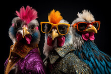 Stylish Animal Rock Band, Fashionable Portrait Of Anthropomorphic Superstar Chickens With Sunglasses And Vibrant Suits, Group Photo, Glam Rock Style. Generative AI.