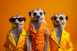 Fashionable portrait of anthropomorphic cute meerkats dressed in vibrant suits and looking like superstars. Generative AI.