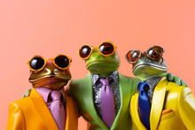 Fashionable Portrait Of Anthropomorphic Cute Frogs Dressed In Vibrant Suits And Looking Like Superstars. Generative AI.