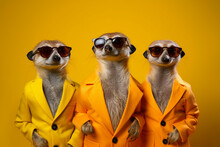 Stylish Animal Rock Band, Fashionable Portrait Of Anthropomorphic Superstar Meerkats With Sunglasses And Vibrant Suits, Group Photo, Glam Rock Style. Generative AI.