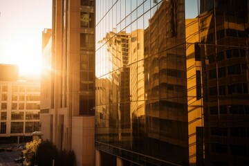 sunrise reflections on office building - ai generated