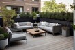 modern outdoor seating area with sleek, contemporary furniture and greenery, created with generative ai