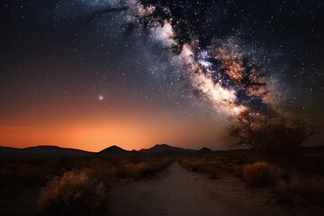 Wall Mural - milky way galaxy, shining brightly in the night sky over desert landscape, created with generative a