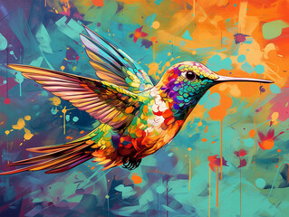 Wall Mural -  A Pop Art Style Painting of a Hummingbird | Generative AI