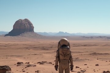 Wall Mural - alien, with its back to camera, looking out over vast desert landscape, created with generative ai